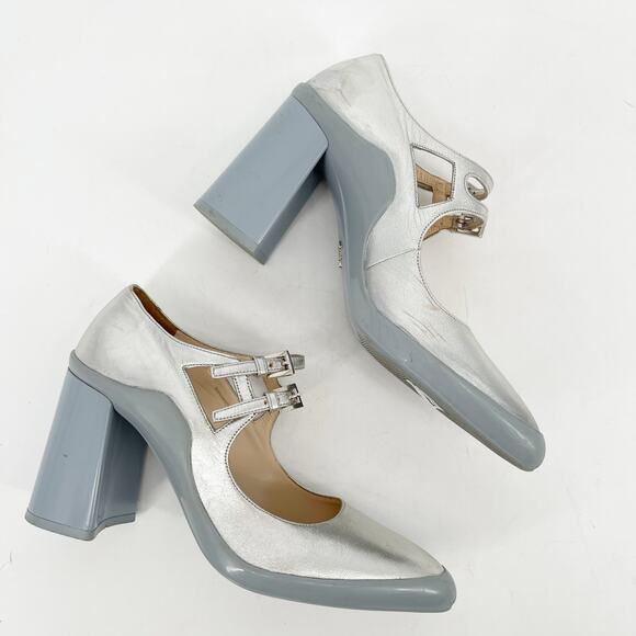 Prada F/W 2015 Silver Metallic Leather Mary Jane Rubber Trim Block Heels IT 37.5 - Picture 5 of 16